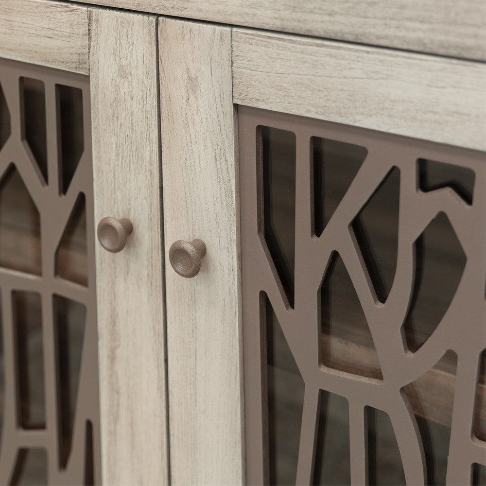 Livvy Console Cabinet 4 Metal Pattern Glass Doors Ivory White 69 Inch BM331236