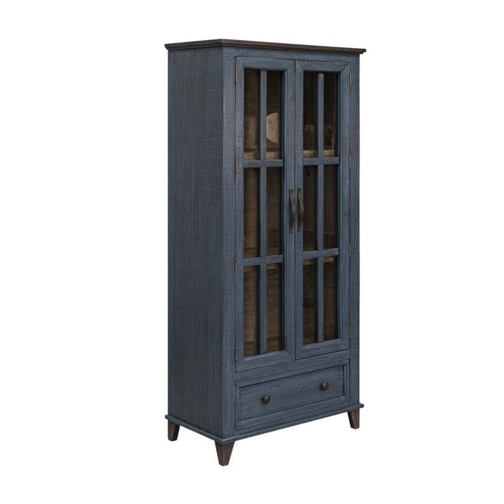 Rozy Accent Cabinet, 2 Glass Doors, Deep Blue Solid Pine Wood 70 Inch