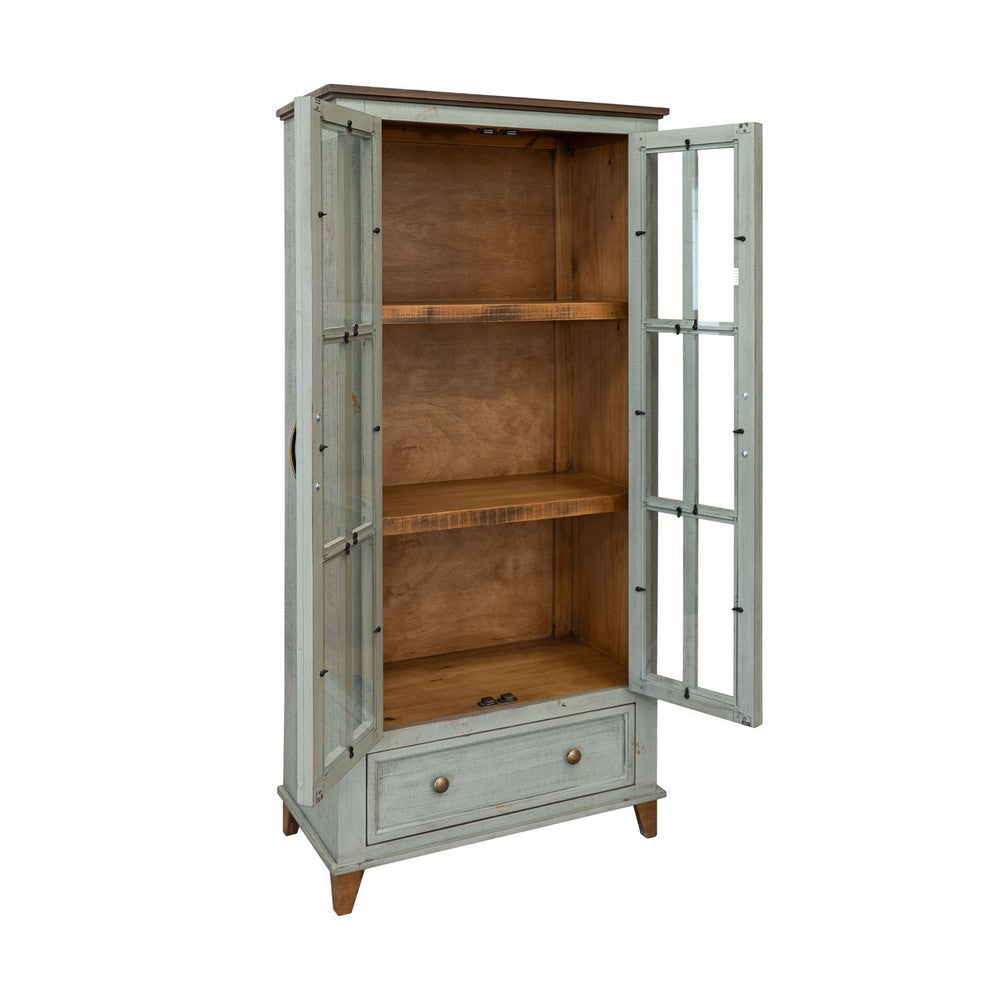 Rozy Accent Cabinet 2 Glass Doors Sage Green Solid Pine Wood 70 Inch