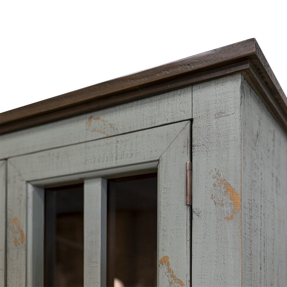 Rozy Accent Cabinet 2 Glass Doors Sage Green Solid Pine Wood 70 Inch