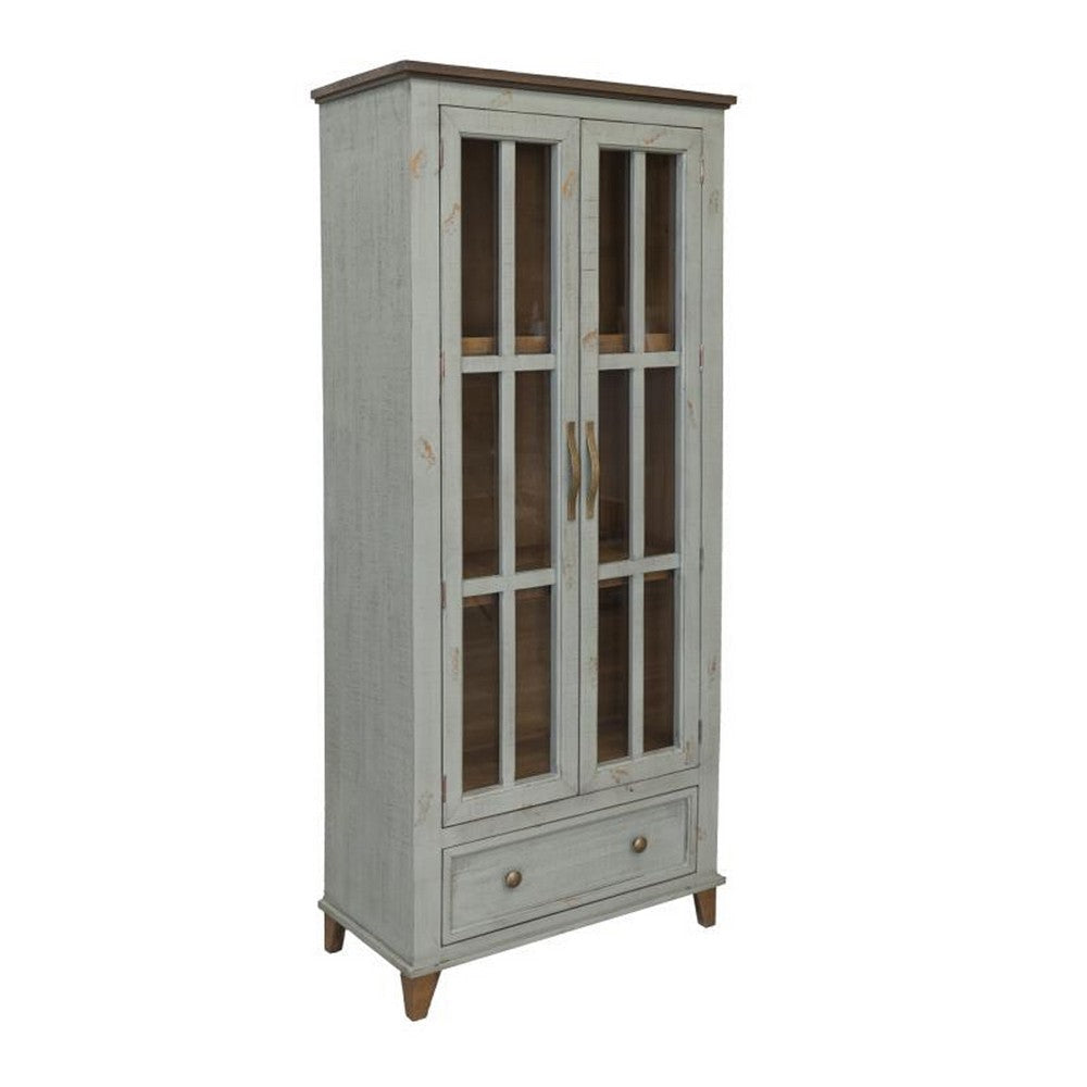 Rozy Accent Cabinet, 2 Glass Doors, Sage Green Solid Pine Wood 70 Inch