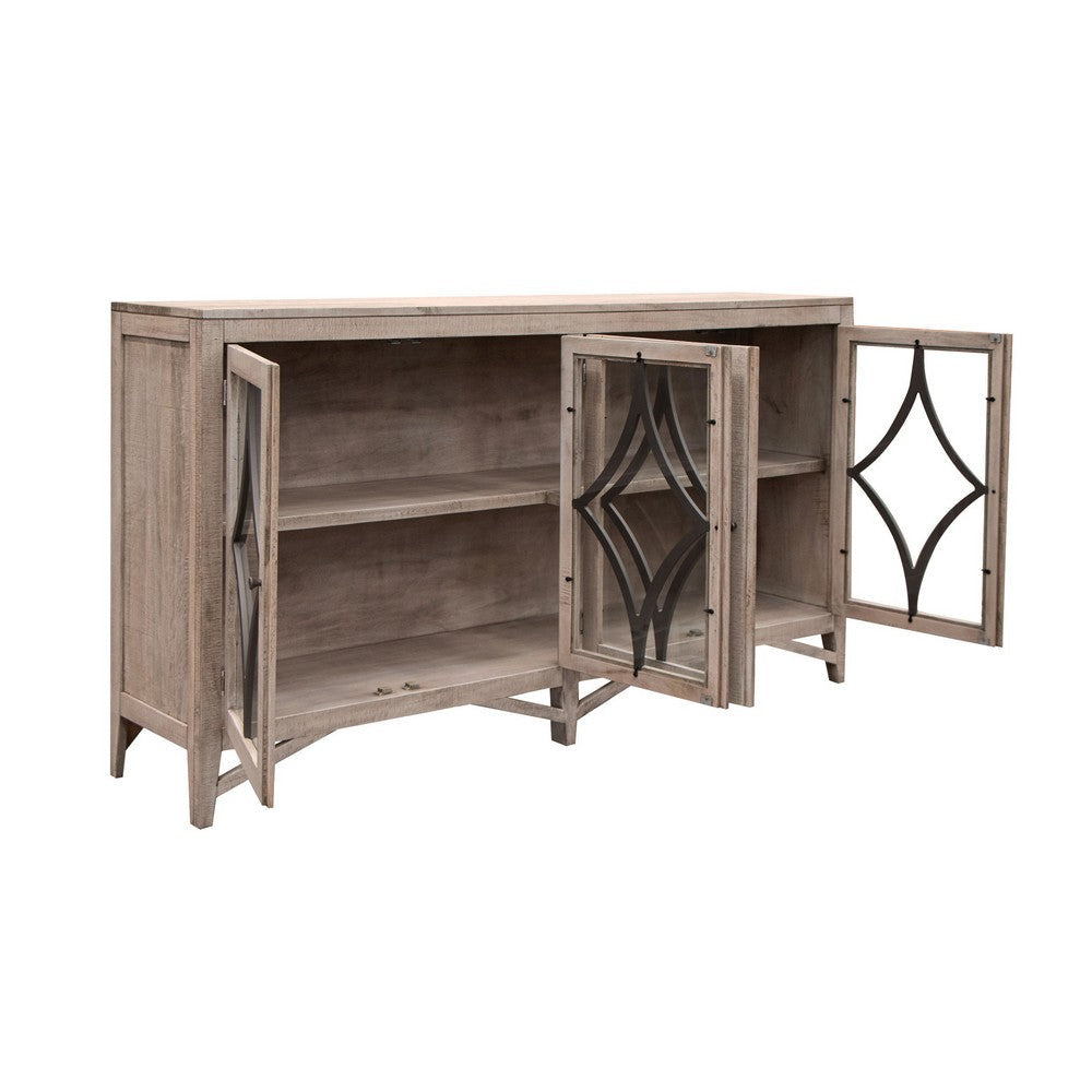 Rien Sideboard Console 4 Glass Doors Wire Brushed Brown Wood 80 Inch BM331240