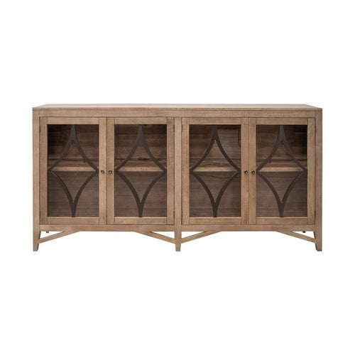 Rien Sideboard Console, 4 Glass Doors, Wire Brushed Brown Wood 80 Inch