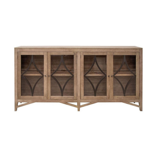 Rien Sideboard Console, 4 Glass Doors, Wire Brushed Brown Wood 80 Inch