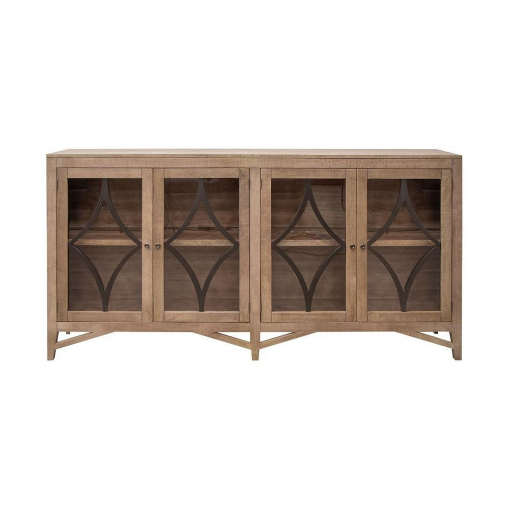 Rien Sideboard Console, 4 Glass Doors, Wire Brushed Brown Wood 80 Inch