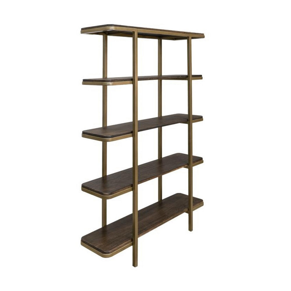 Nexa Bookcase with 5 Open Shelves, Gold Metal, Brown Wood 72 Inch