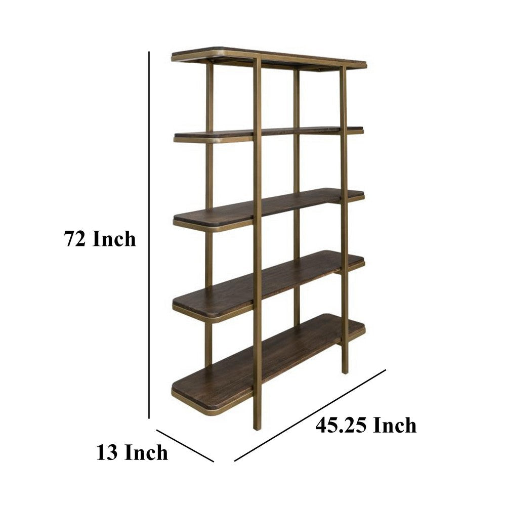 Nexa Bookcase with 5 Open Shelves Gold Metal Brown Wood 72 Inch BM331245