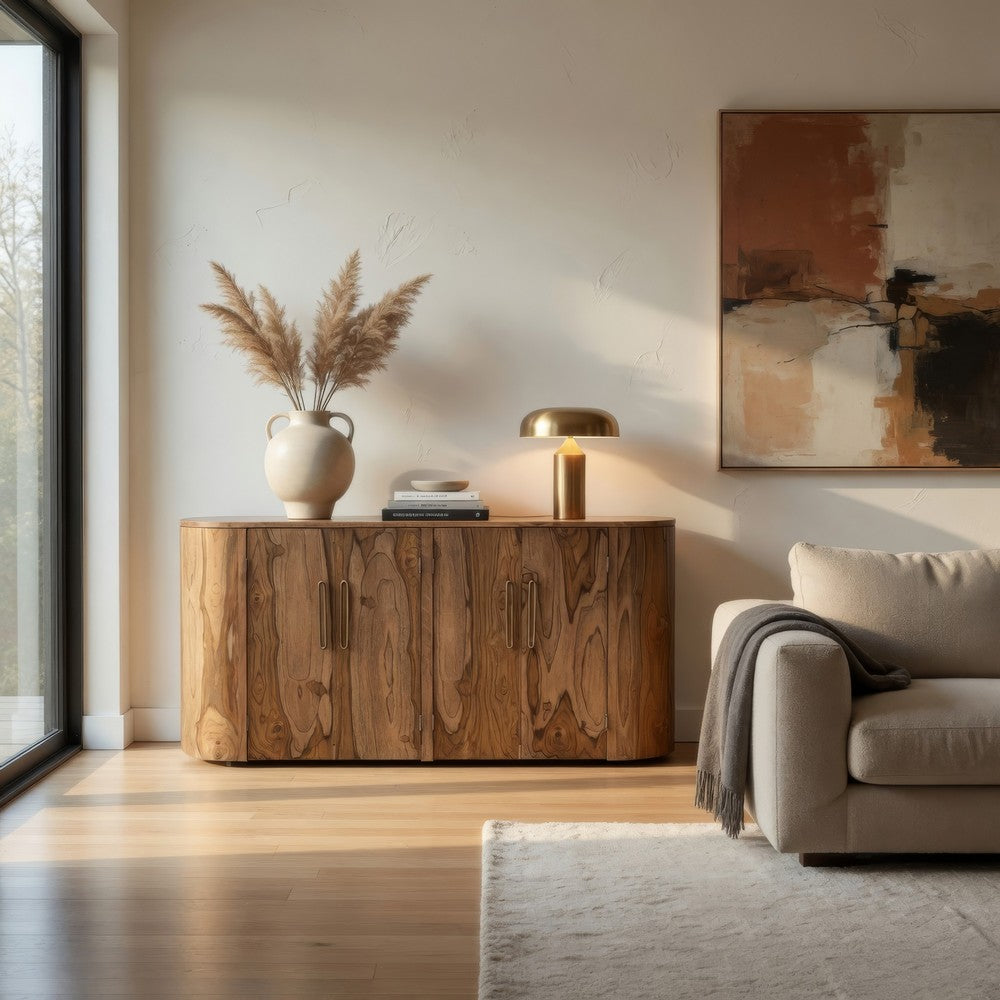 Eray Sideboard Console, 4 Doors, Handcrafted Brown Mango Wood 70 Inch