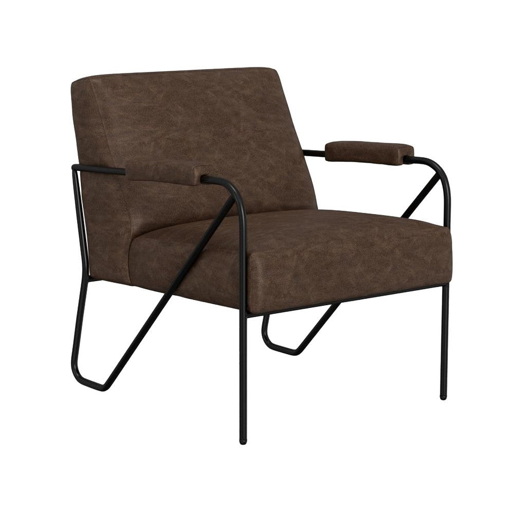 Levy Armchair with Black Metal Base, Wood, Dark Brown Faux Leather