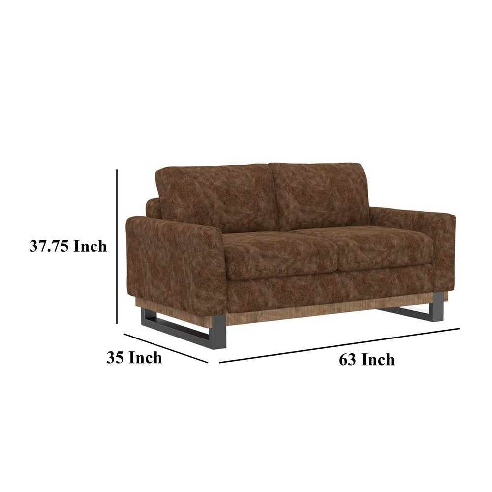 Dome Loveseat 2 Accent Pillows Pine Wood Brown Faux Leather 63 Inch