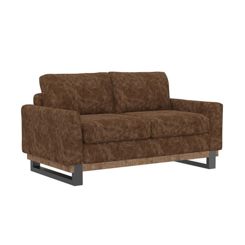 Dome Loveseat, 2 Accent Pillows, Pine Wood, Brown Faux Leather 63 Inch