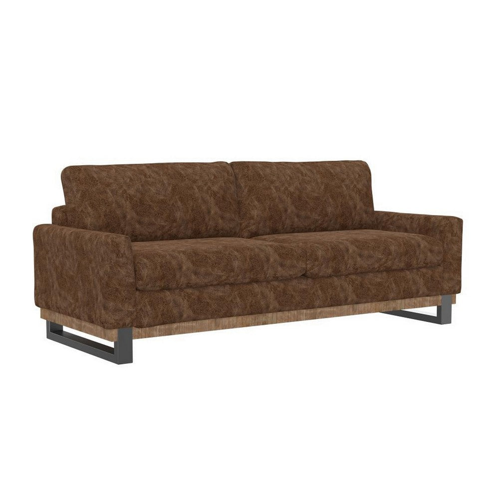 Dome Sofa with 2 Accent Pillows, Pine Wood, Brown Faux Leather 89 Inch