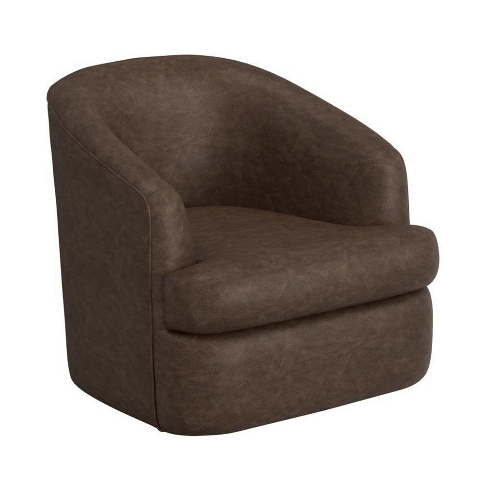Lessy Swivel Armchair, Dark Brown Faux Leather, Curved Modern Design