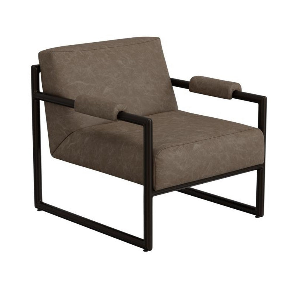 Edmund Accent Armchair, Taupe Gray Faux Leather, Modern Black Metal