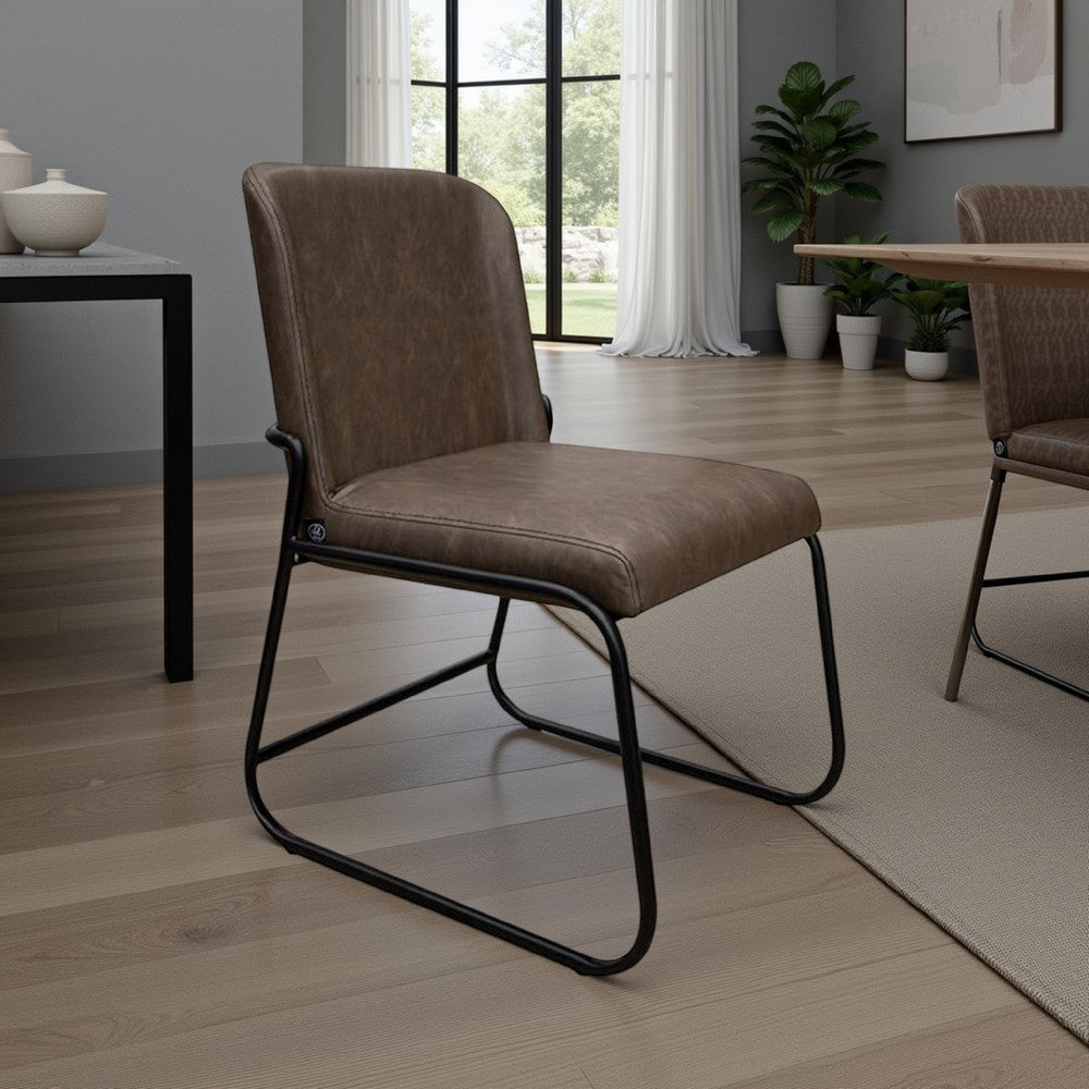 Jenny Dining Side Chair Set of 2, Dark Brown Faux Leather, Black Iron