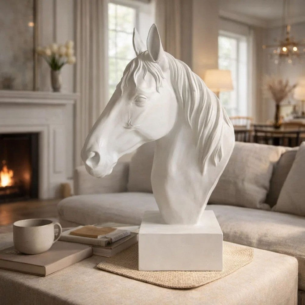 Genny Tabletop Horse Head Sculpture, White Resin Statuette, 19 Inch