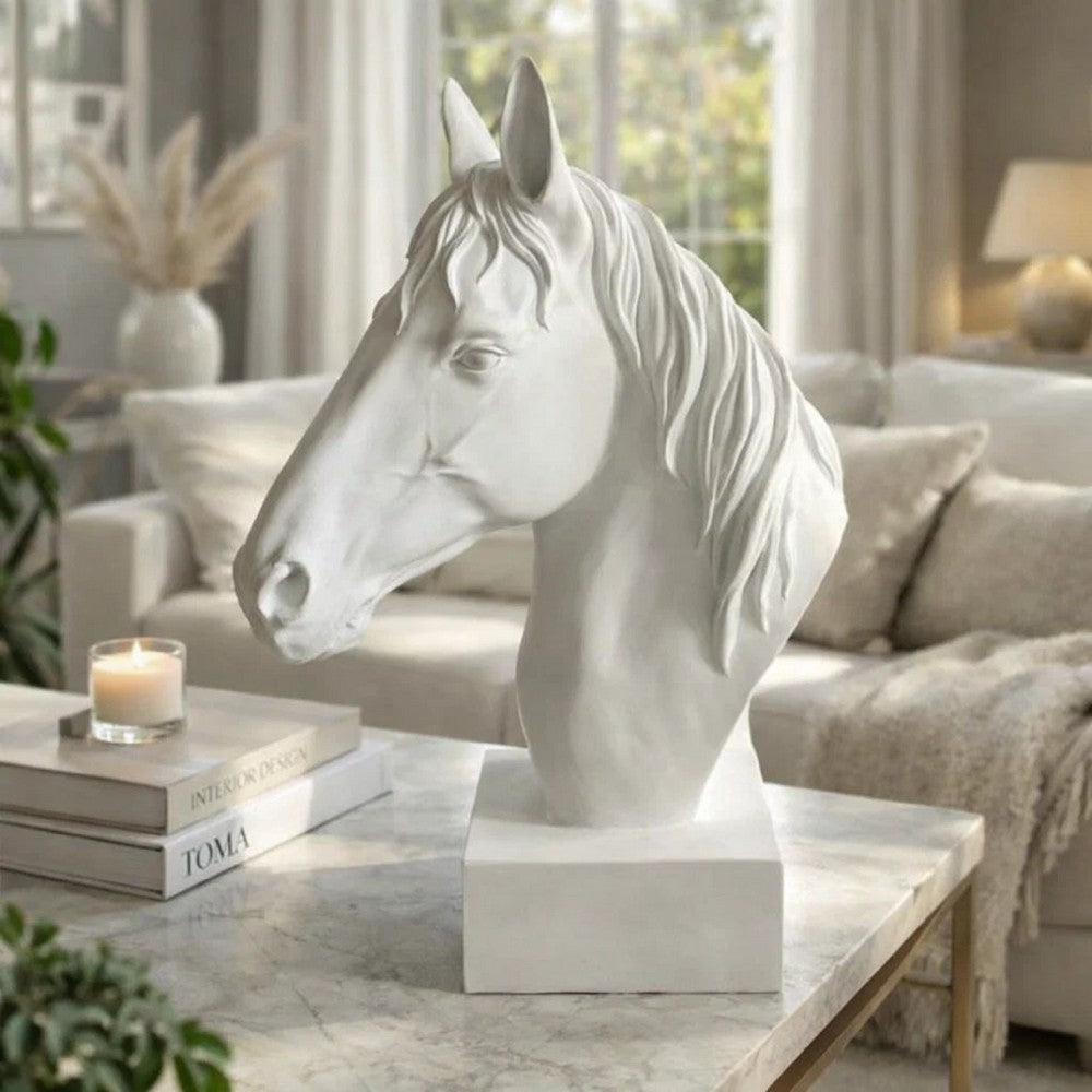 Genny Tabletop Horse Head Sculpture, White Resin Statuette, 19 Inch