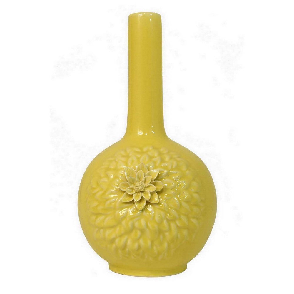 Remi Flower Vase Narrow Neck Yellow Ceramic w Floral Motifs 16 Inch