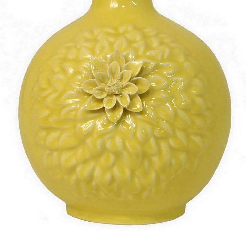 Remi Flower Vase Narrow Neck Yellow Ceramic w Floral Motifs 16 Inch