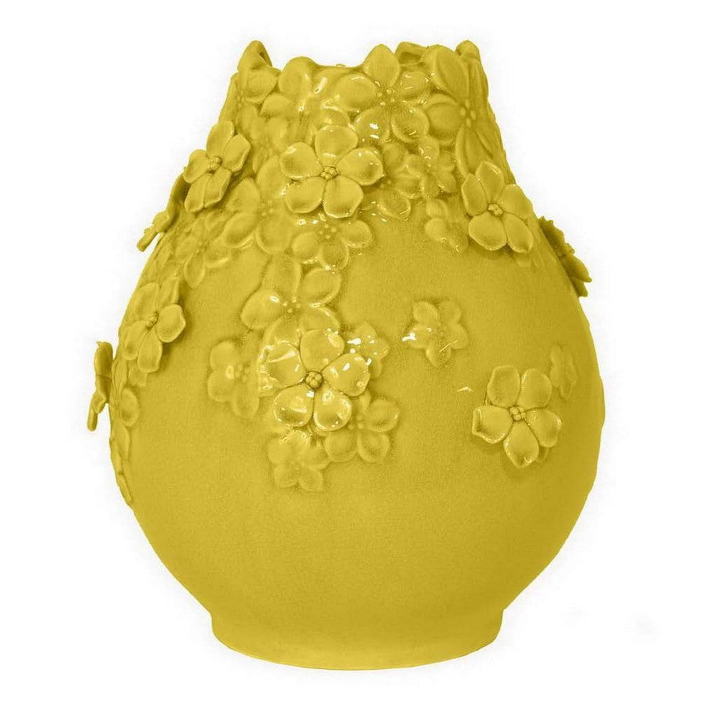 Remi Flower Vase Decorative Yellow Ceramic w Floral Motifs 11 Inch