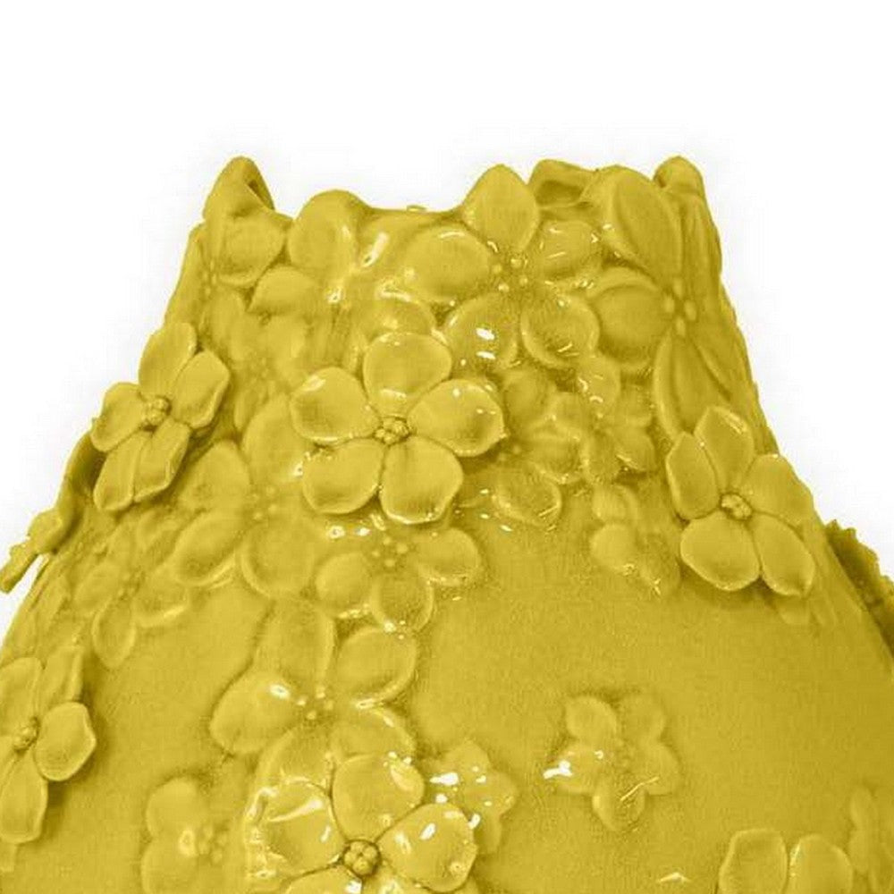 Remi Flower Vase Decorative Yellow Ceramic w Floral Motifs 11 Inch