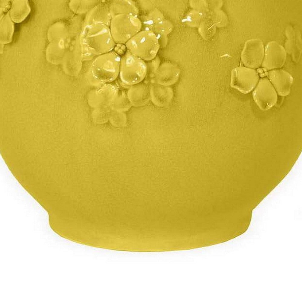 Remi Flower Vase Decorative Yellow Ceramic w Floral Motifs 11 Inch