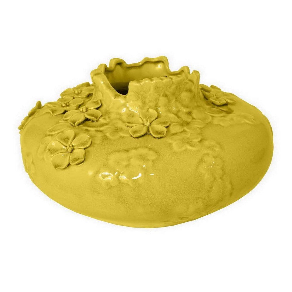Remi Flower Vase Decorative Yellow Ceramic w Floral Motifs 12 Inch