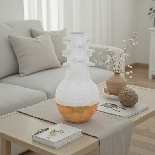 Enya Flower Vase, Spiked Narrow Neck, Brown White Ceramic, 15 Inch