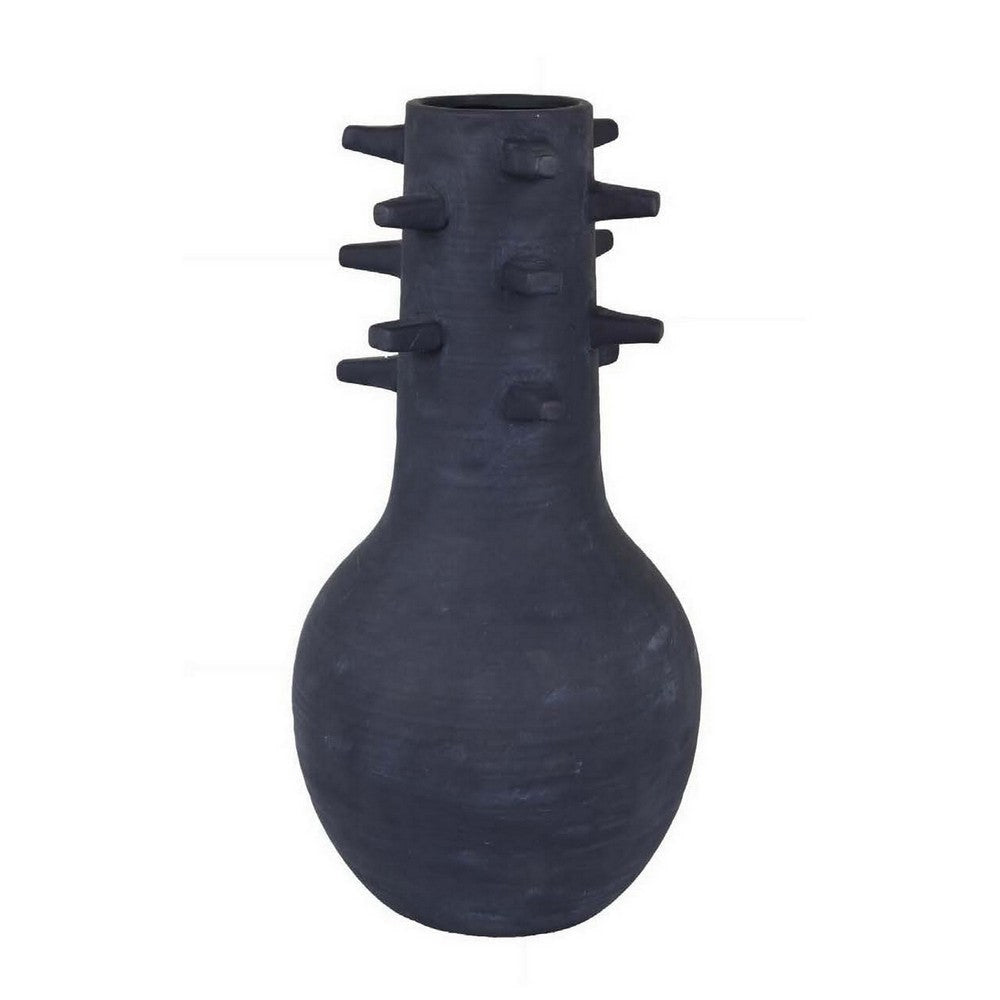 Enya Flower Vase 3D Spiked Accent Narrow Neck Black Ceramic 18 Inch