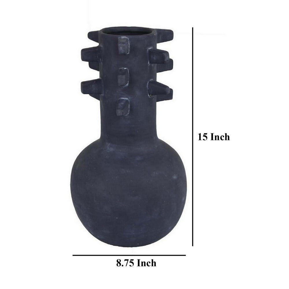 Enya Flower Vase 3D Spike Accent Narrow Neck Black Ceramic 15 Inch