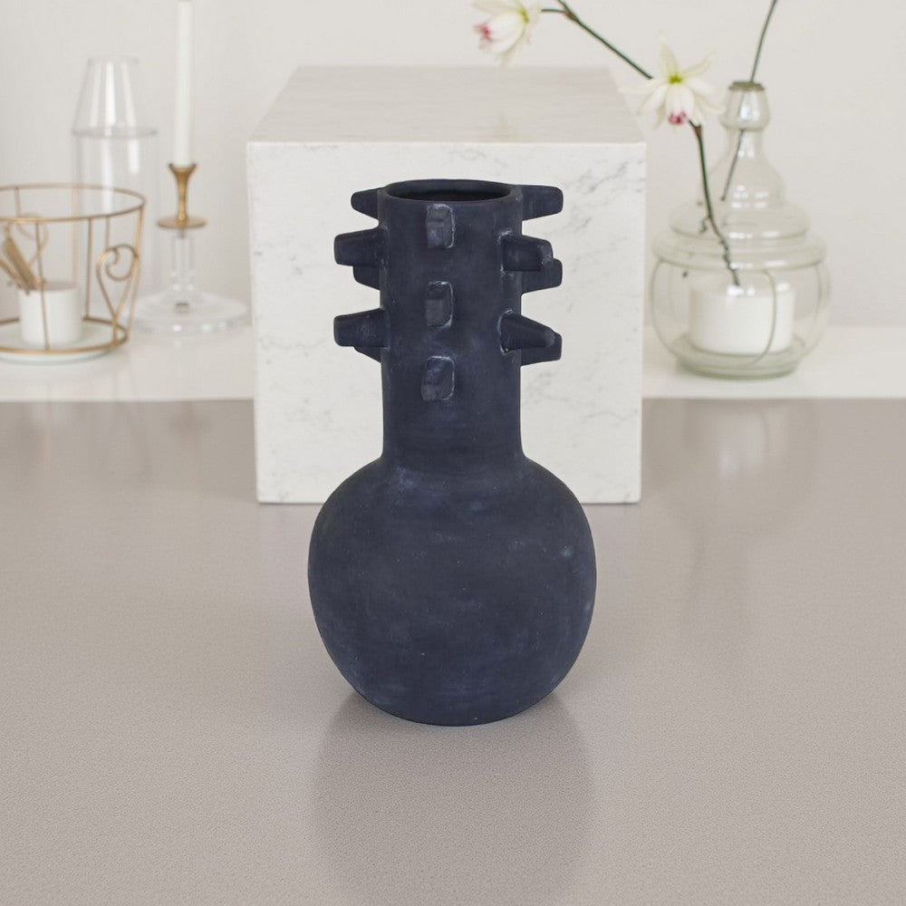 Enya Flower Vase, 3D Spike Accent Narrow Neck, Black Ceramic, 15 Inch