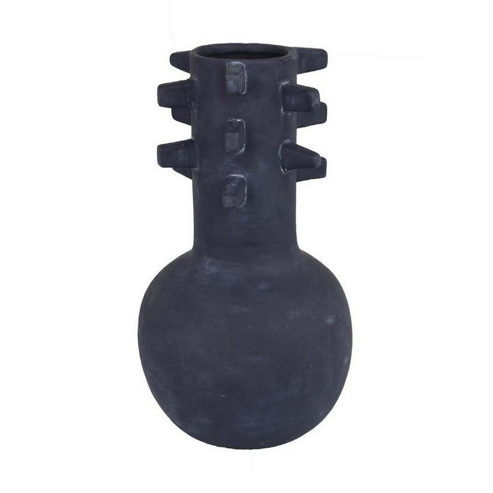 Enya Flower Vase, 3D Spike Accent Narrow Neck, Black Ceramic, 15 Inch