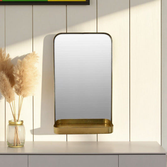 Feno Decorative Wall Mirror w Rack, Portrait Style 30 Inch Gold Metal