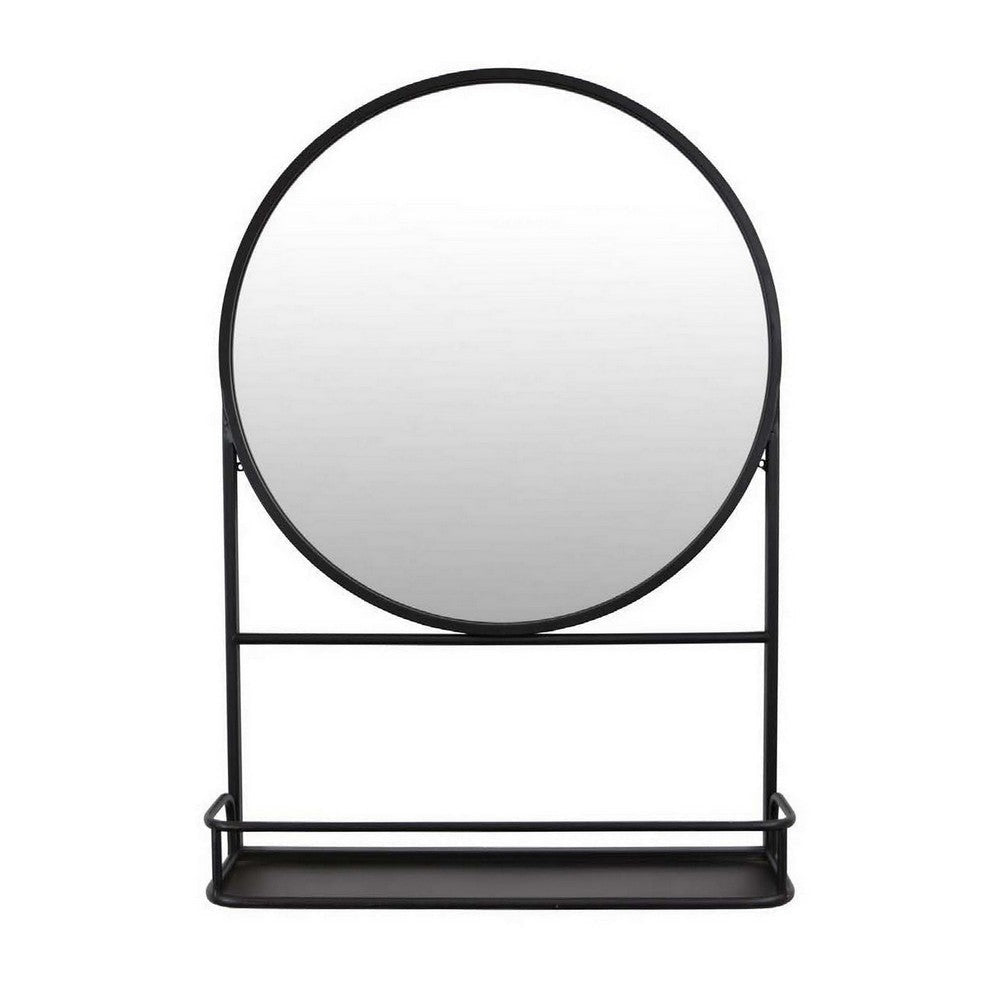 Feno Decorative Wall Mirror 28 Inch Round Black Metal Frame w Rack BM331363