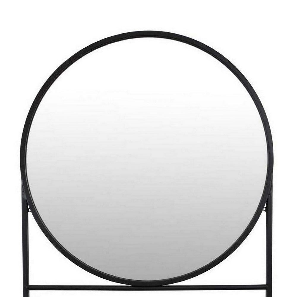 Feno Decorative Wall Mirror 28 Inch Round Black Metal Frame w Rack BM331363
