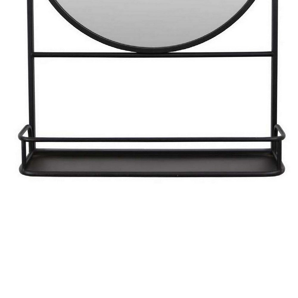Feno Decorative Wall Mirror 28 Inch Round Black Metal Frame w Rack BM331363