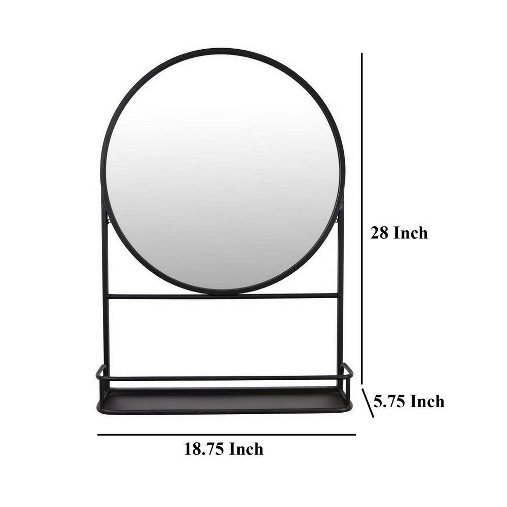 Feno Decorative Wall Mirror 28 Inch Round Black Metal Frame w Rack BM331363