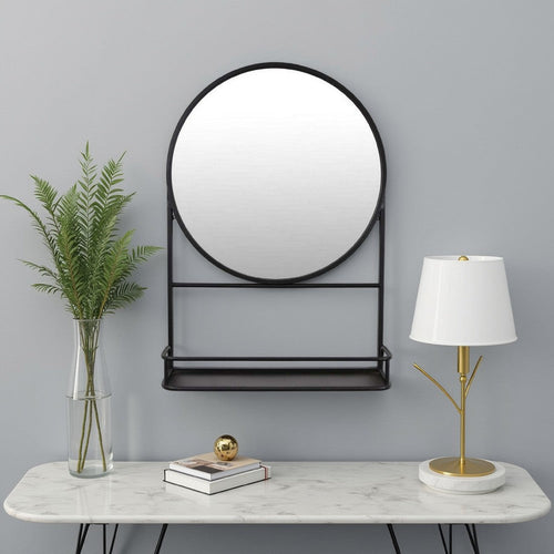 Feno Decorative Wall Mirror, 28 Inch Round Black Metal Frame w Rack