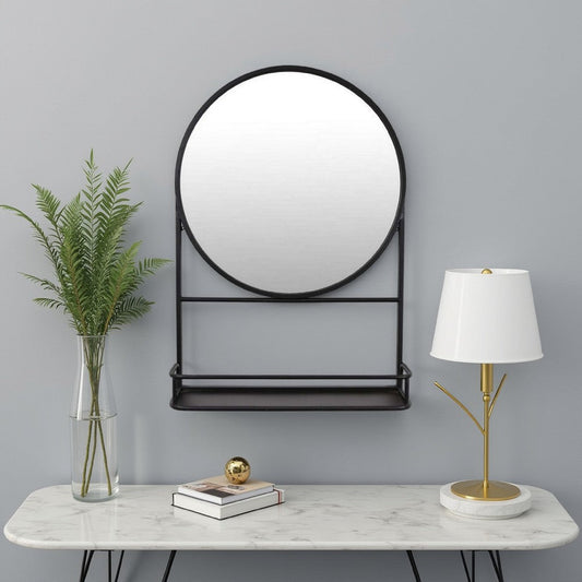 Feno Decorative Wall Mirror, 28 Inch Round Black Metal Frame w Rack
