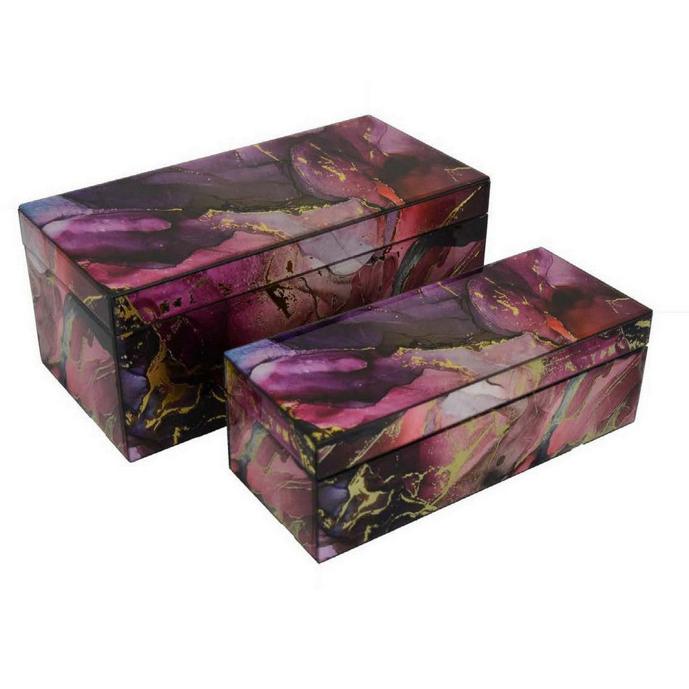 Dory Decorative Box Set of 2, Pink Gold Faux Agate Stone Accent Glass
