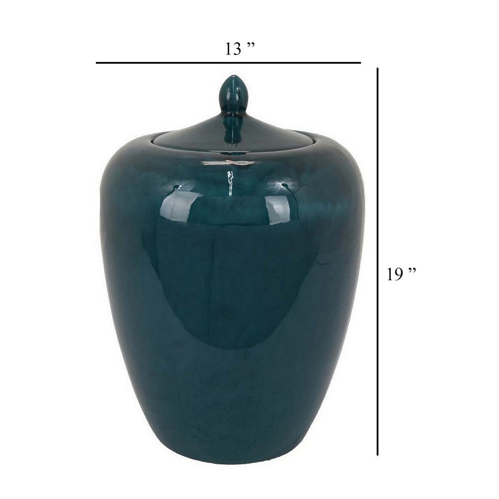 Decorative Jar 19 Inch Teal Green Ceramic Body Lid with Storage BM331392