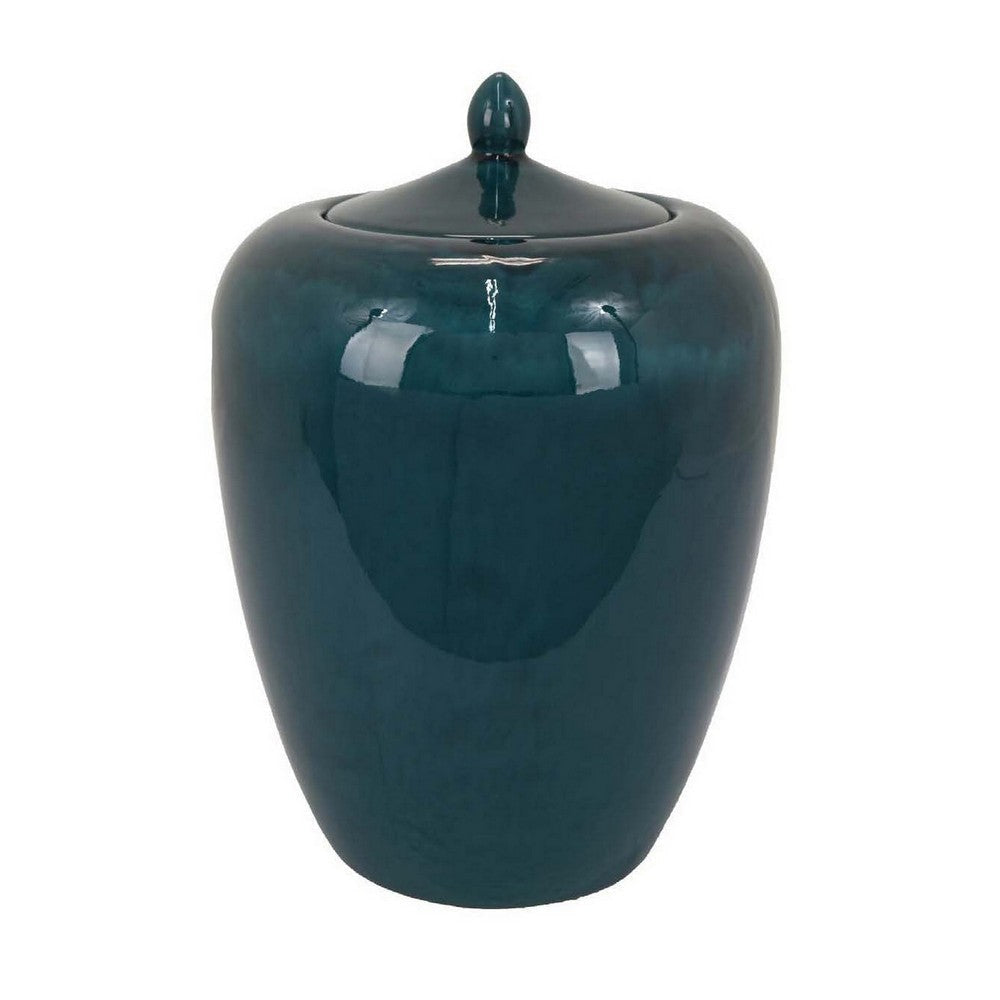 Decorative Jar, 19 Inch Teal Green Ceramic Body, Lid with Storage
