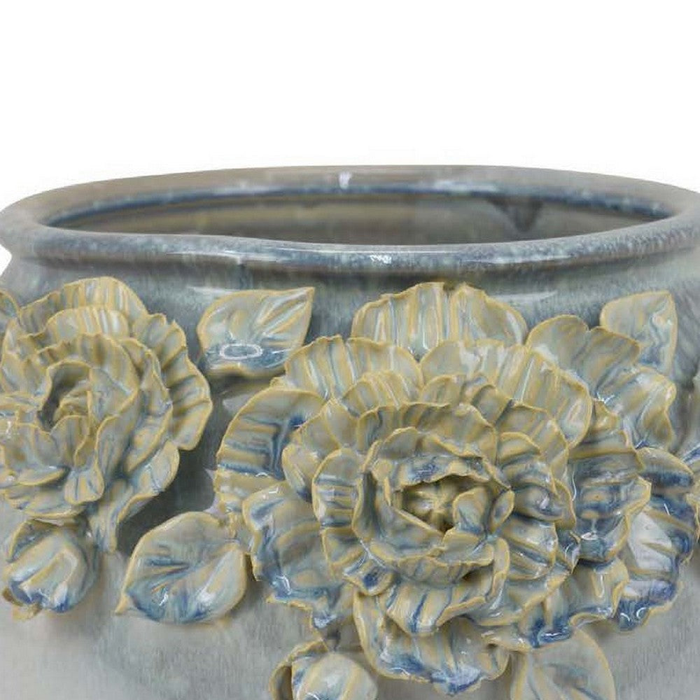 Rox Accent Planter Floral Applique Design 12 Inch White Ceramic BM331394