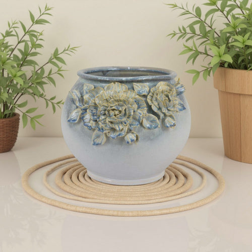 Rox Accent Planter, Floral Applique Design, 12 Inch White Ceramic