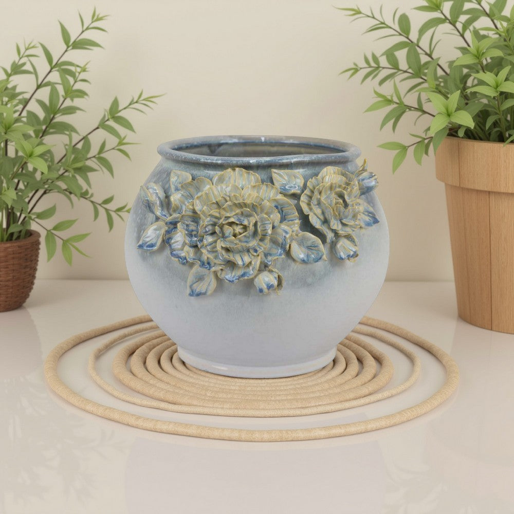 Rox Accent Planter, Floral Applique Design, 12 Inch White Ceramic