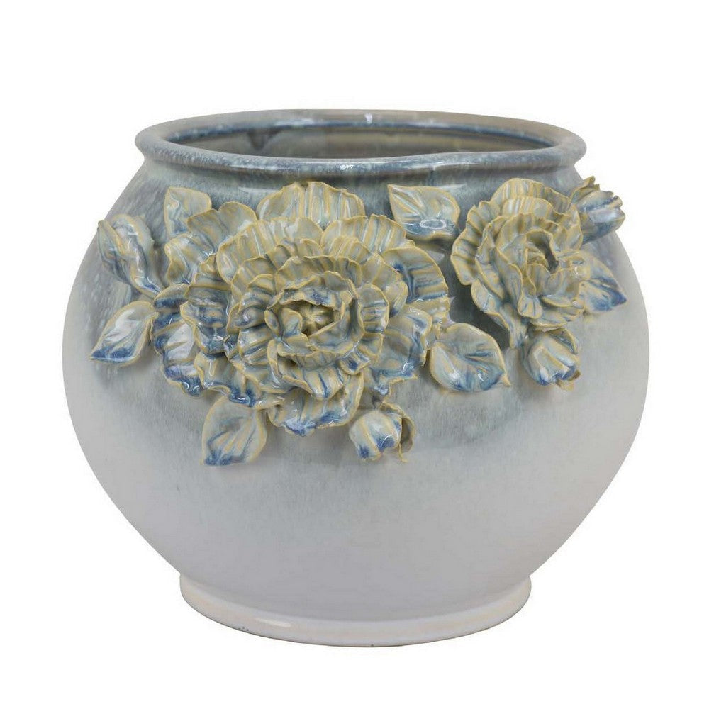 Rox Accent Planter, Floral Applique Design, 12 Inch White Ceramic