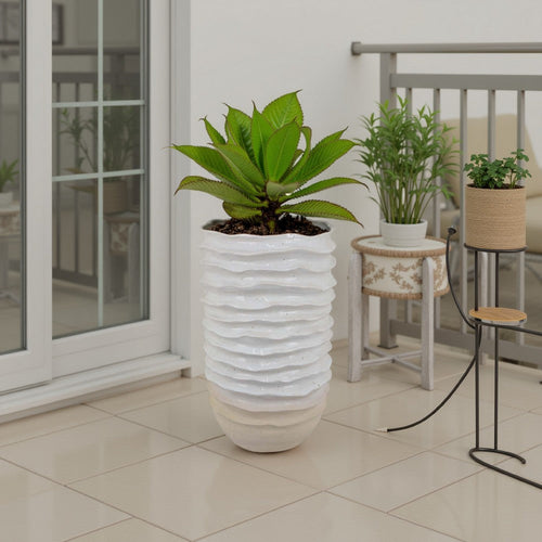 Accent Planter, Abstract Wave Coastal Design, 22 Inch White Ceramic
