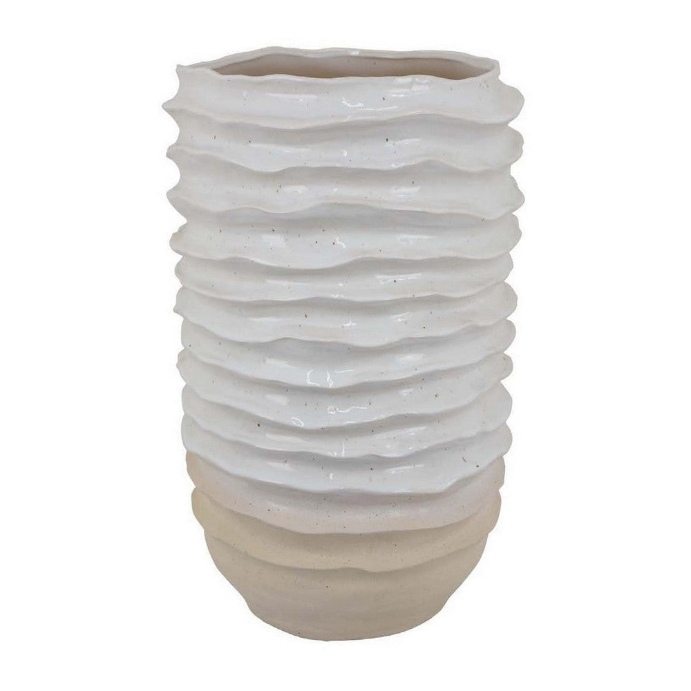 Accent Planter, Abstract Wave Coastal  Design, 22 Inch White Ceramic