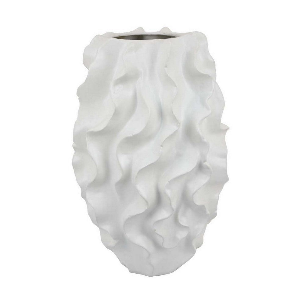Decorative Vase, White Ceramic, Textured 19 Inch Curved Wave Design