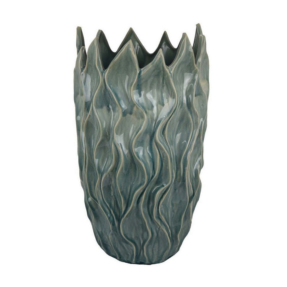 Esen Decorative Vase, Abstract Wave Design, 22 Inch Green Ceramic